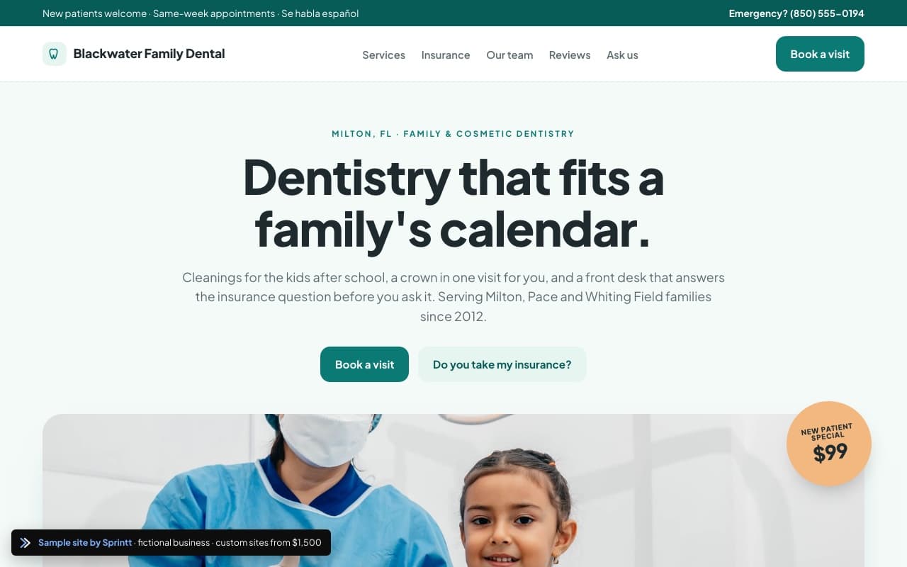 Sample dental practice website for a Milton, FL business, built by Sprintt