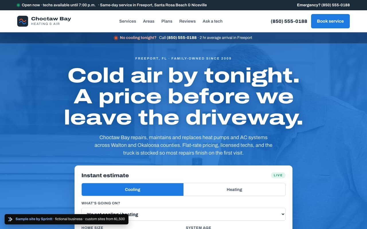 Sample HVAC company website for a Freeport, FL business, built by Sprintt