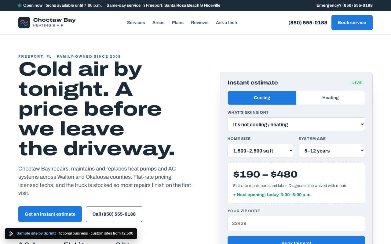 Sample HVAC company website for a Freeport, FL business, built by Sprintt