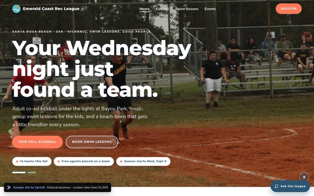 Sample rec league and swim school website for a Santa Rosa Beach, FL organization, built by Sprintt