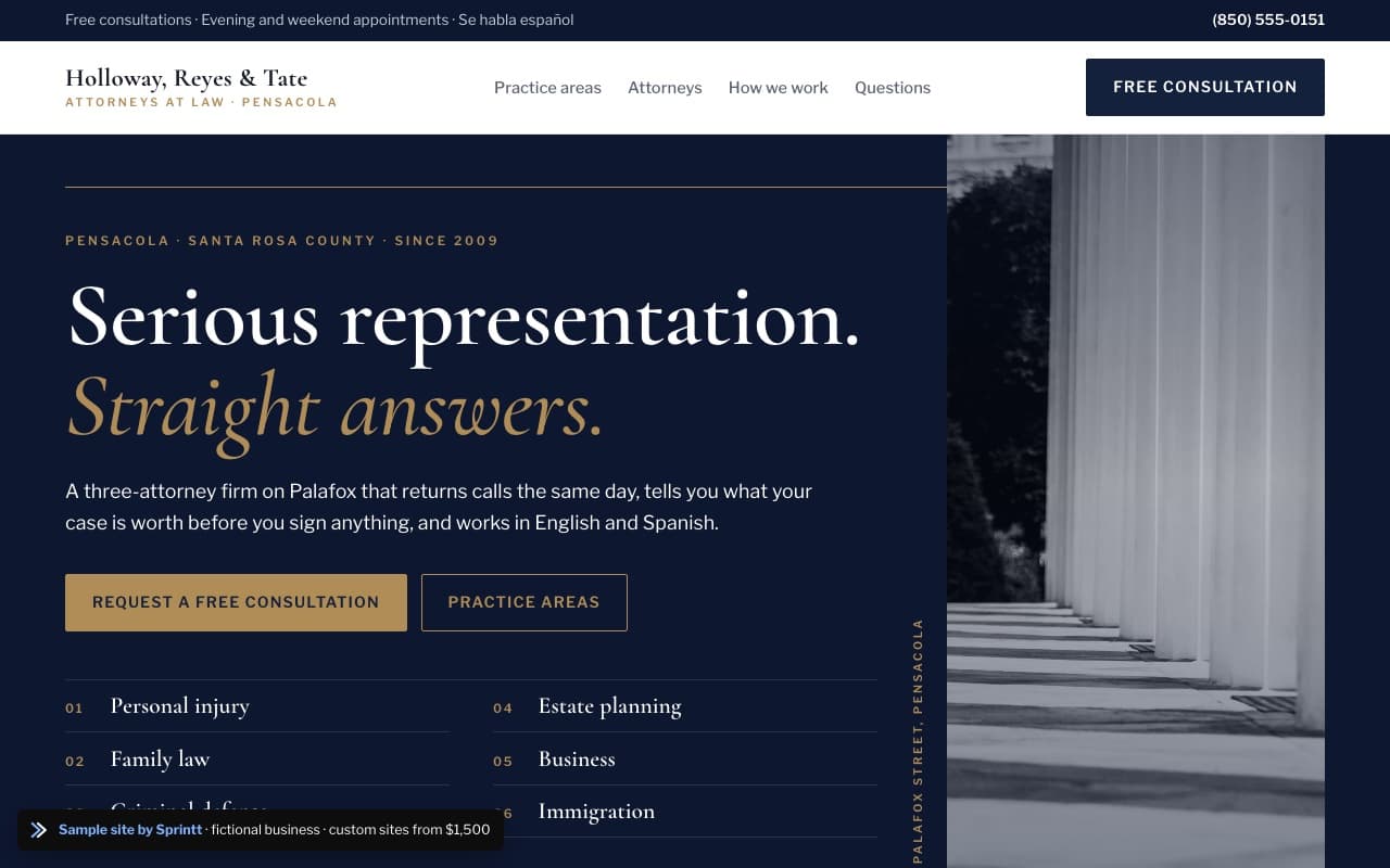 Sample law firm website for a Pensacola, FL business, built by Sprintt