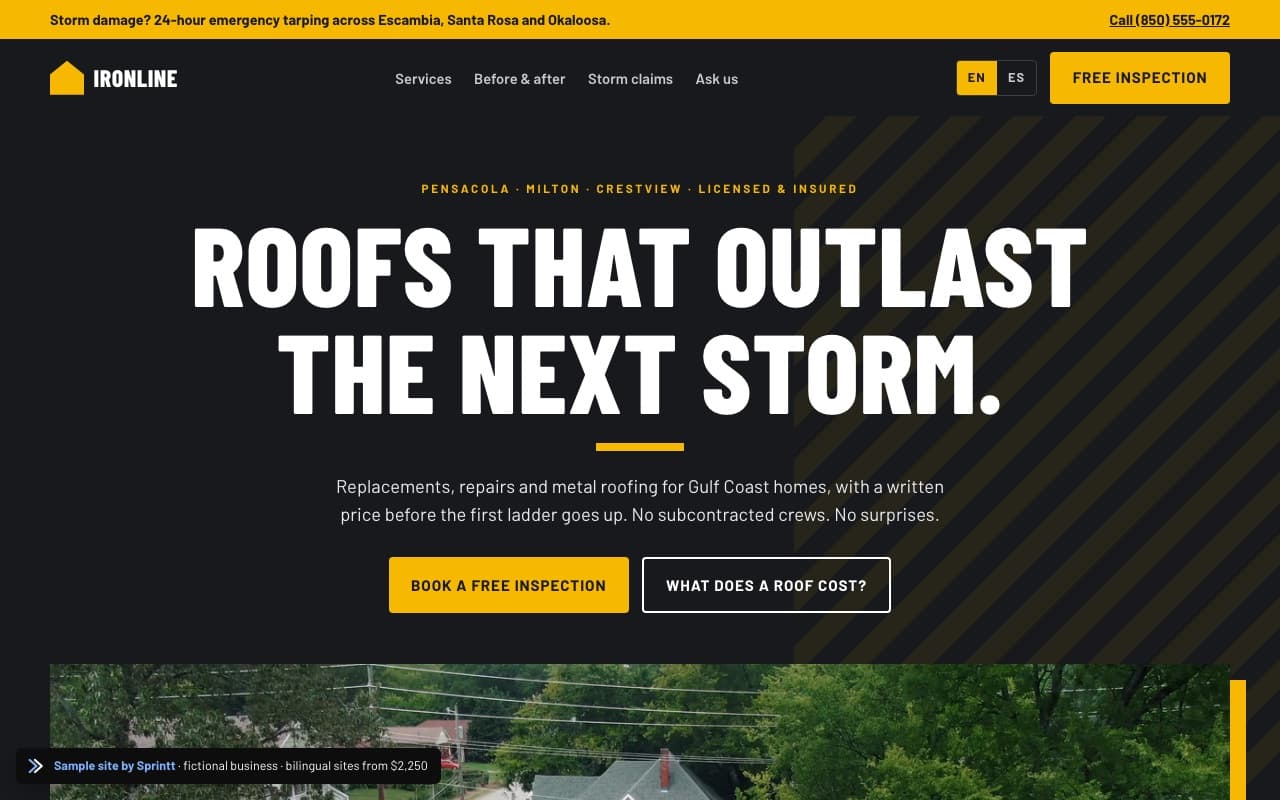 Sample bilingual roofing contractor website for a Pace, FL business, built by Sprintt