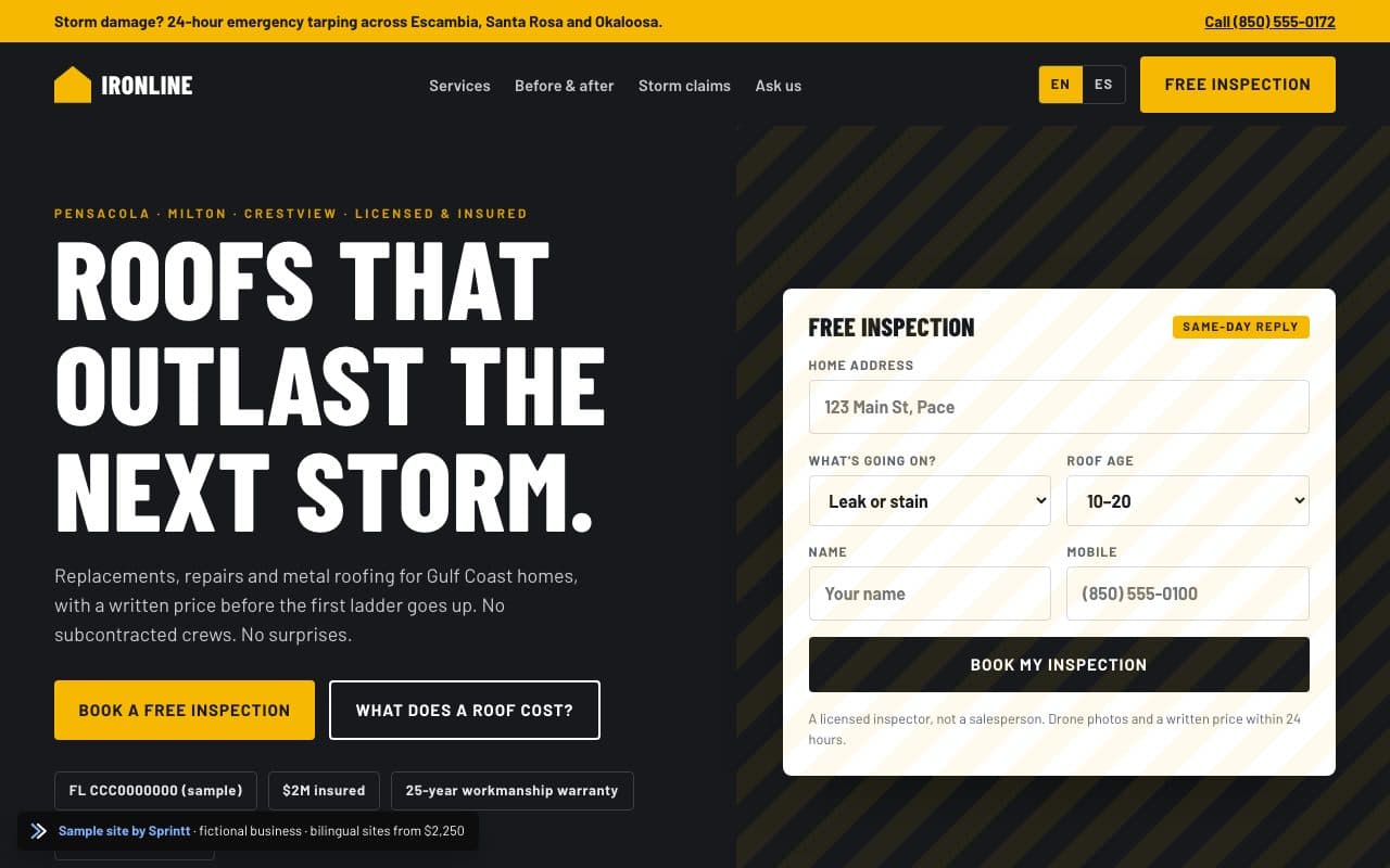 Sample bilingual roofing contractor website for a Pace, FL business, built by Sprintt
