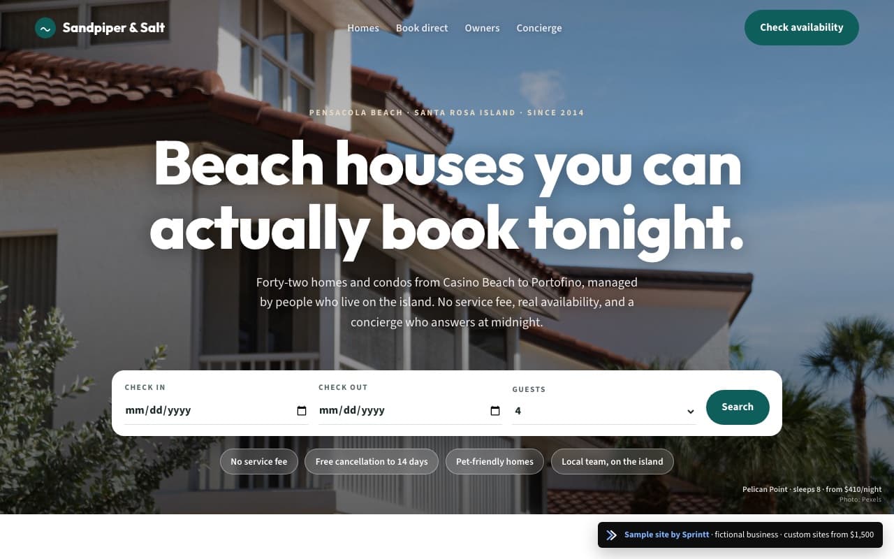 Sample vacation rental website for a Pensacola Beach, FL business, built by Sprintt