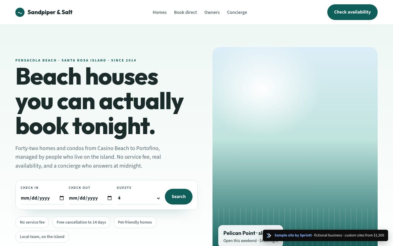 Sample vacation rental website for a Pensacola Beach, FL business, built by Sprintt