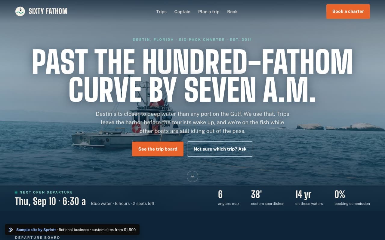 Sample charter fishing website for a Destin, FL business, built by Sprintt