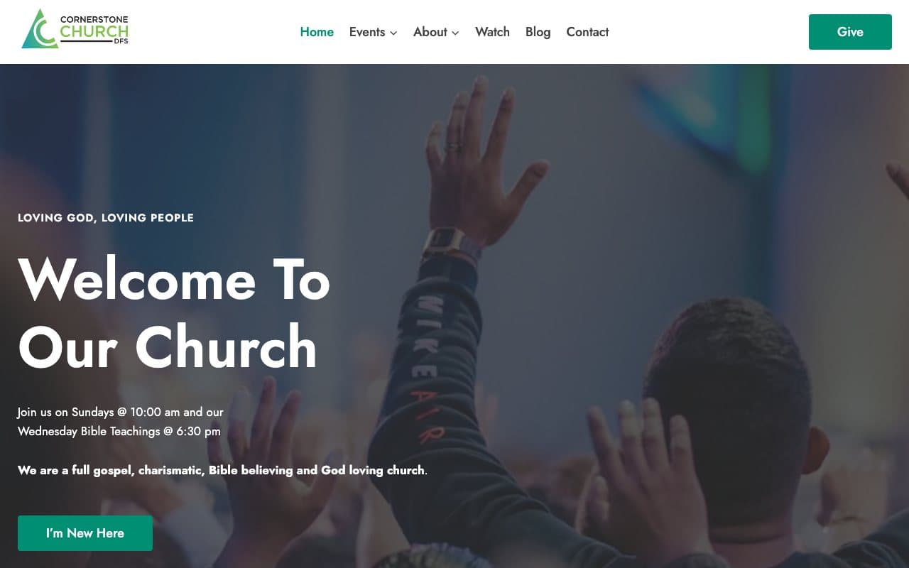 Cornerstone Church website at churchdfs.com, built by Sprintt