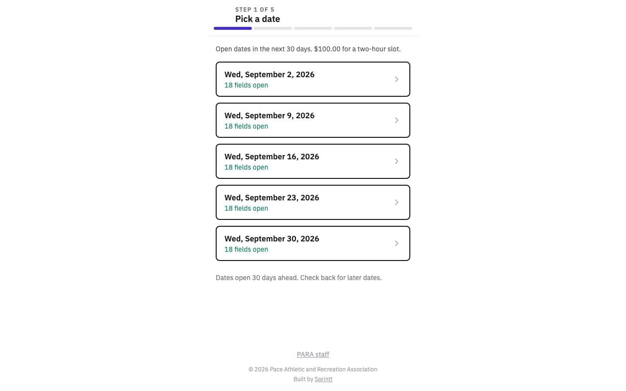 The PARA field rental booking page at parafields.com, built by Sprintt